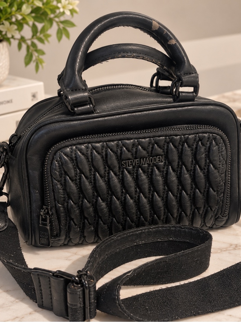 Steve Madden Black Quilted Leather Top-Handle Crossbody with Strap